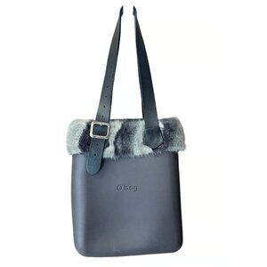 O Bag Gray Faux Fur Bucket Tote Bag Top Zipper